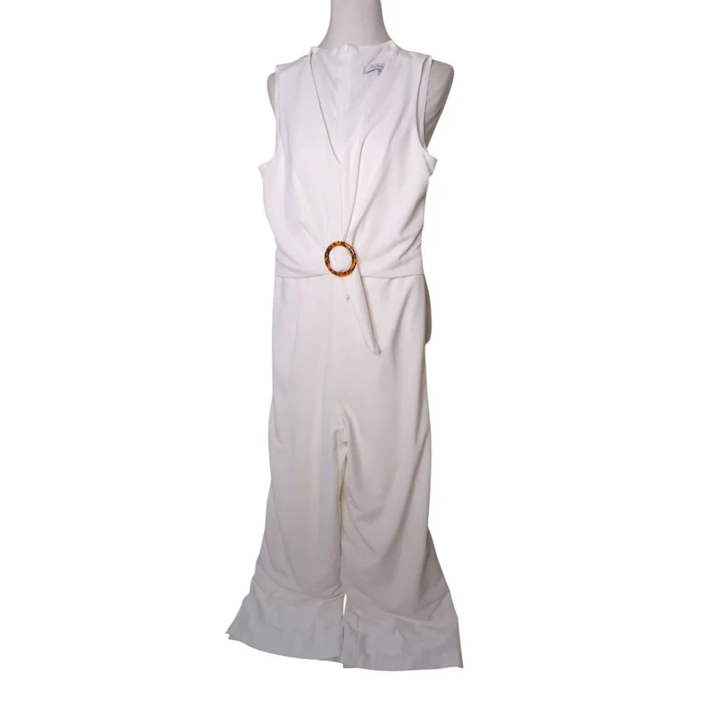 🆕 JULIA JORDAN Wide Leg Buckle Jumpsuit Romper Sleeveless Ivory 4 - Picture 4 of 8